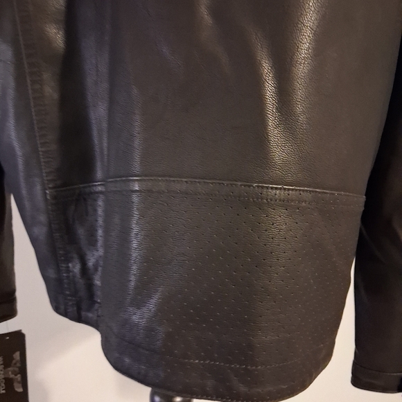 Men's Black Faux Leather Jacket with Striped Sleeves Size XL - Picture 7 of 16